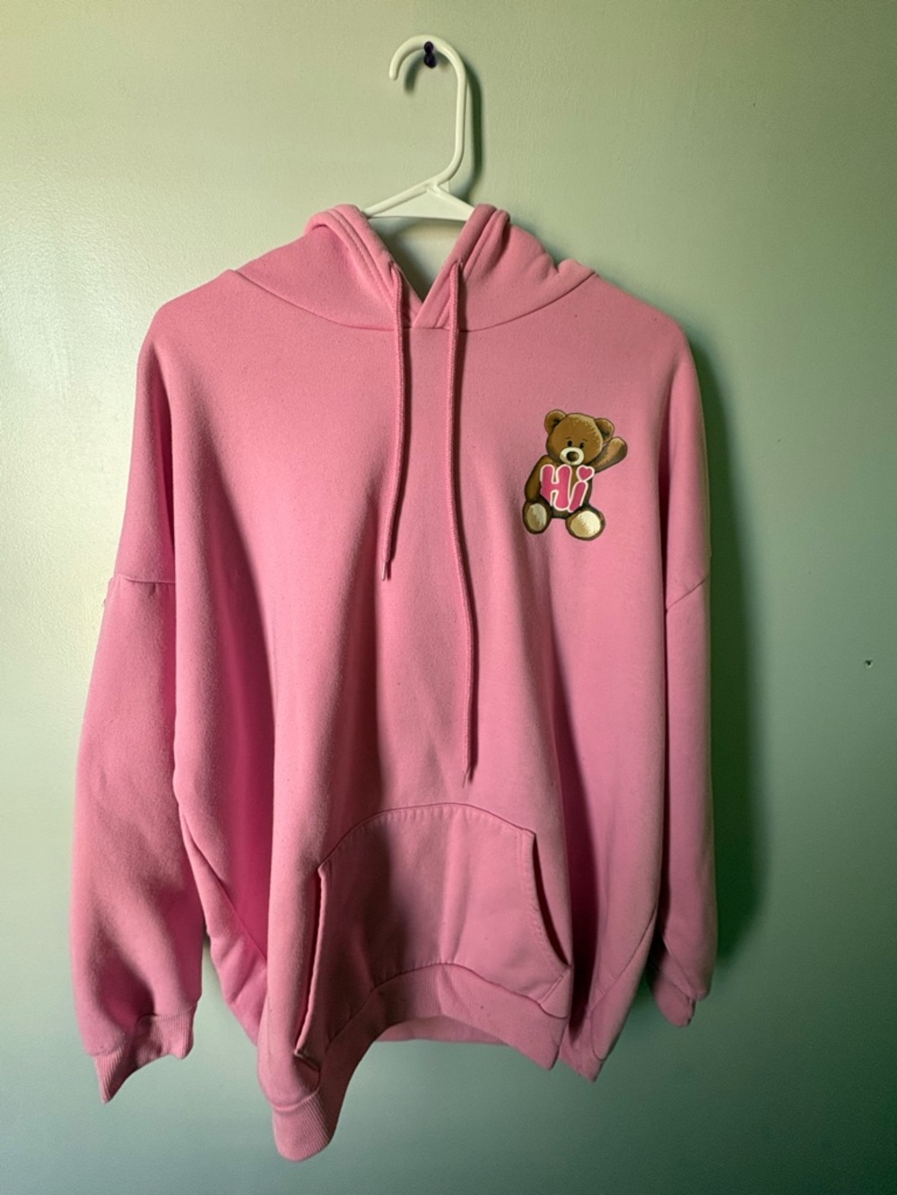 Pink Hoodie with Teddy Bear 'Hi' Patch